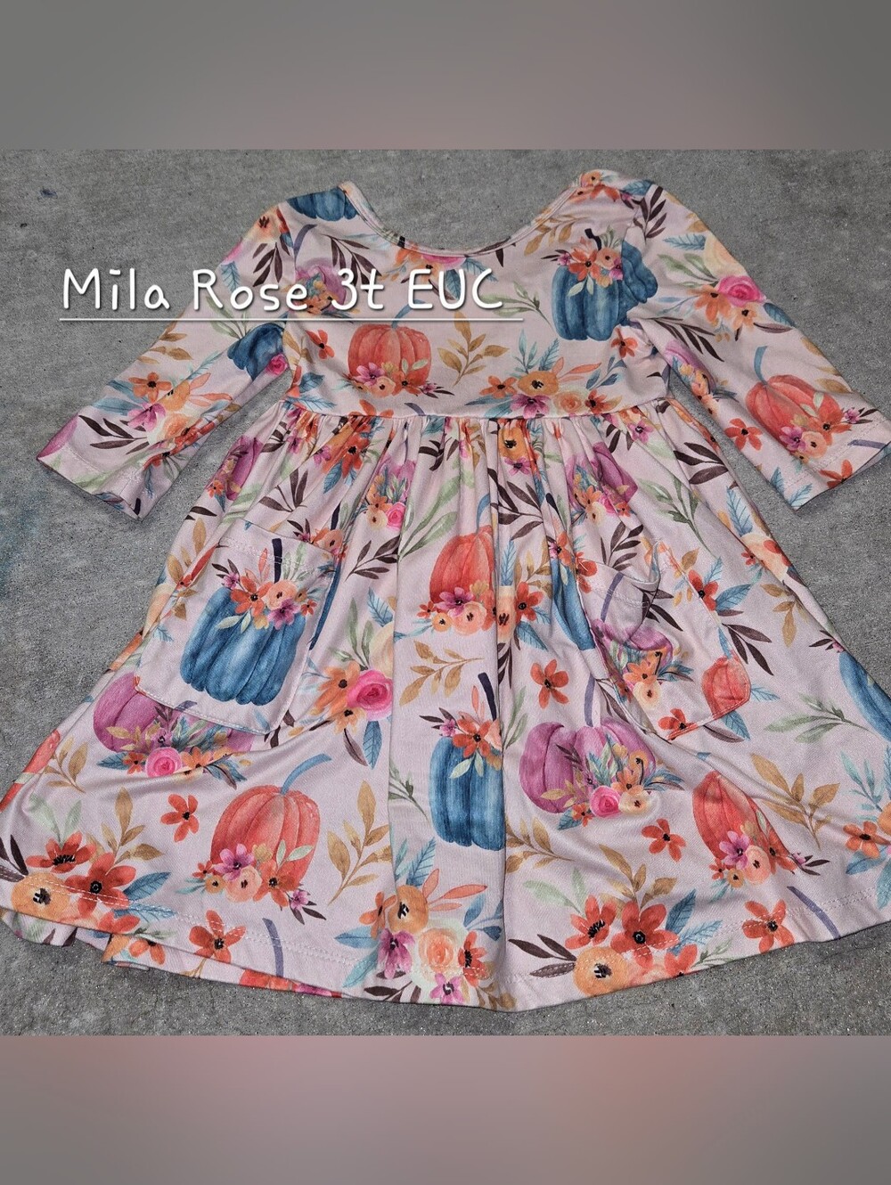 Girls Floral Pumpkin Print Long Sleeve Dress - Pink 3t